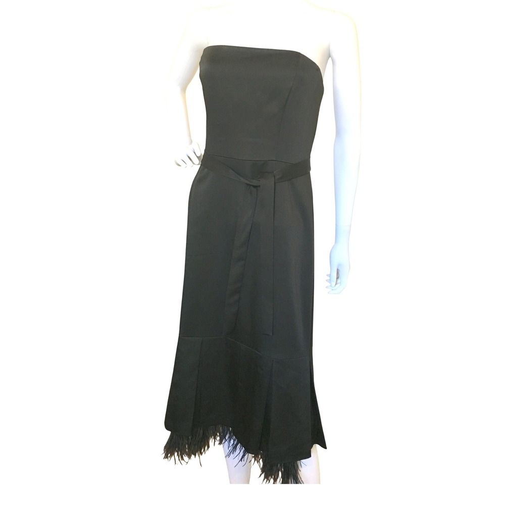 Vintage Y2K BCBGMAXAZRIA Black Strapless Feather Trim Midi Dress Fitted Cocktail
